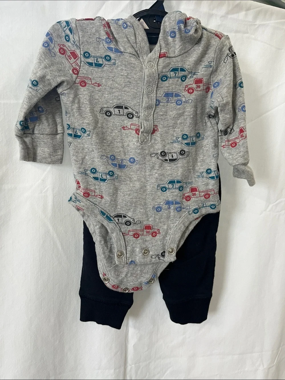 Carter's Heather Gray Car Print Hooded Bodysuit with black Pants
